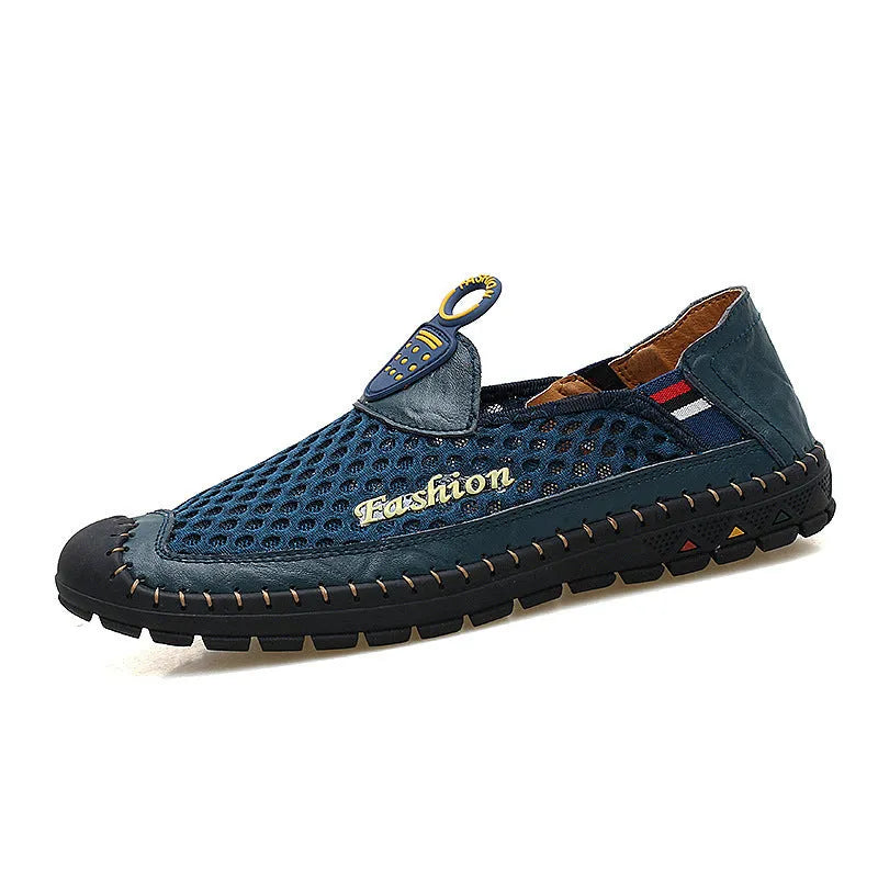 Men's brown casual shoes with mesh upper and rubber sole, showing round toe and stitching detail