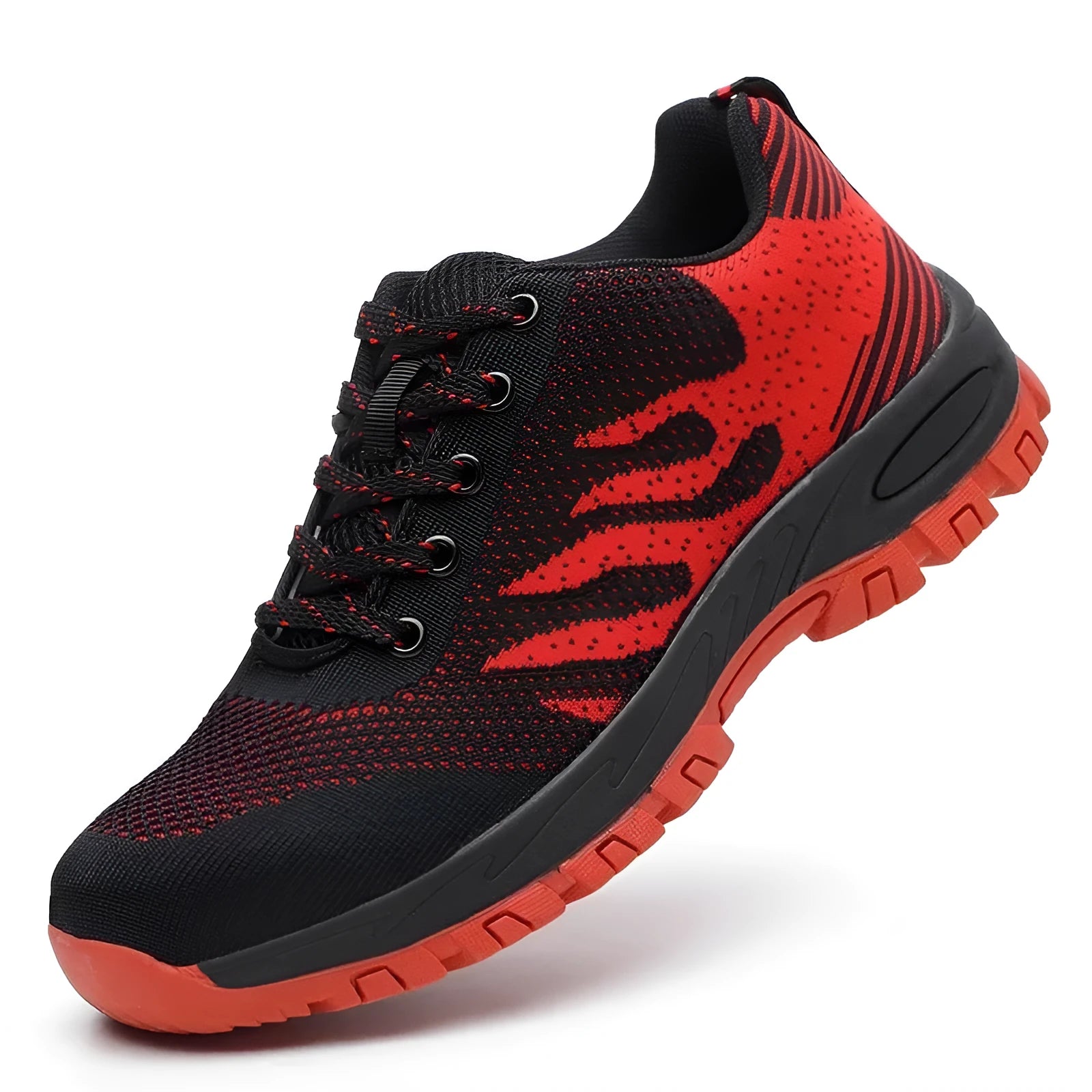 Red low-top safety shoes with a mesh upper and a visible steel toe cap on a white background.