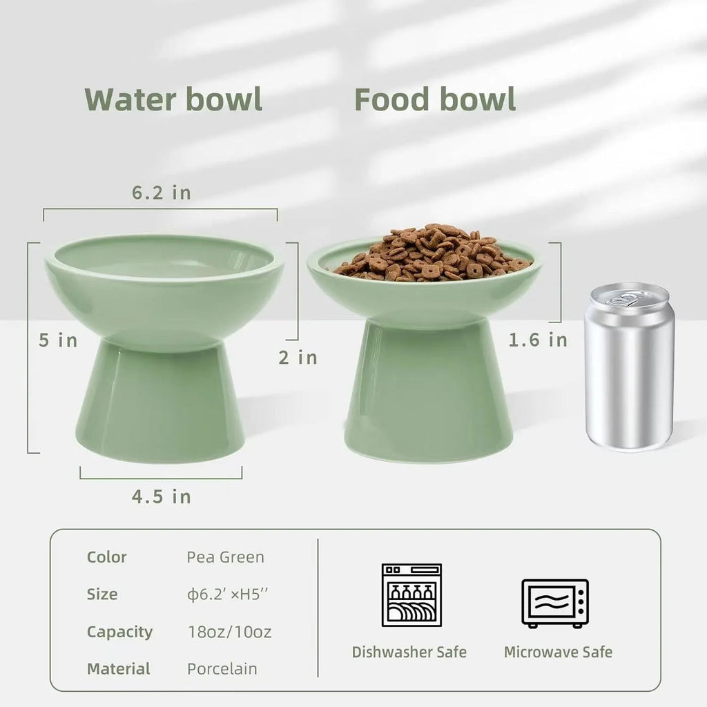 Extra wide elevated ceramic cat food bowl in blue green pink or white with shallow 16cm dish for whisker fatigue relief