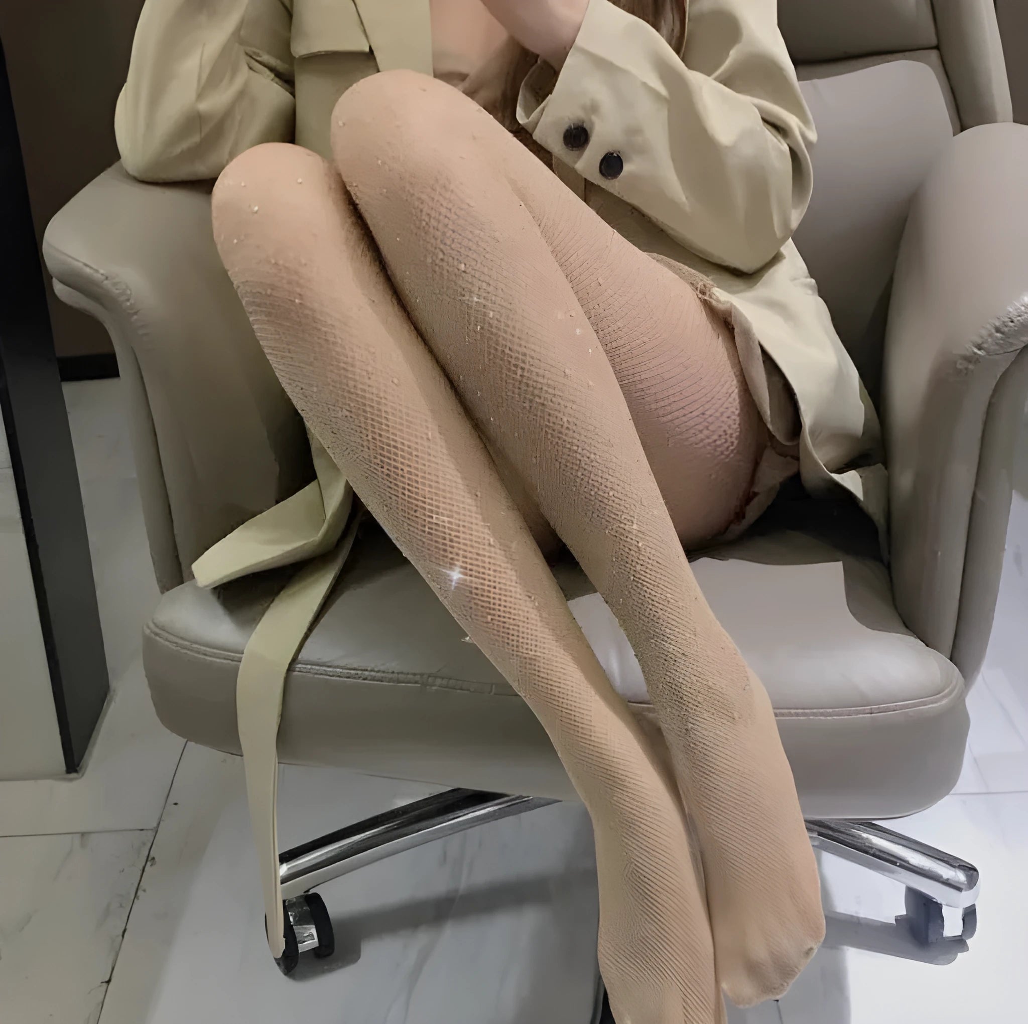 Women's fishnet stockings with diamond mesh pattern in skin colour, black, or white options