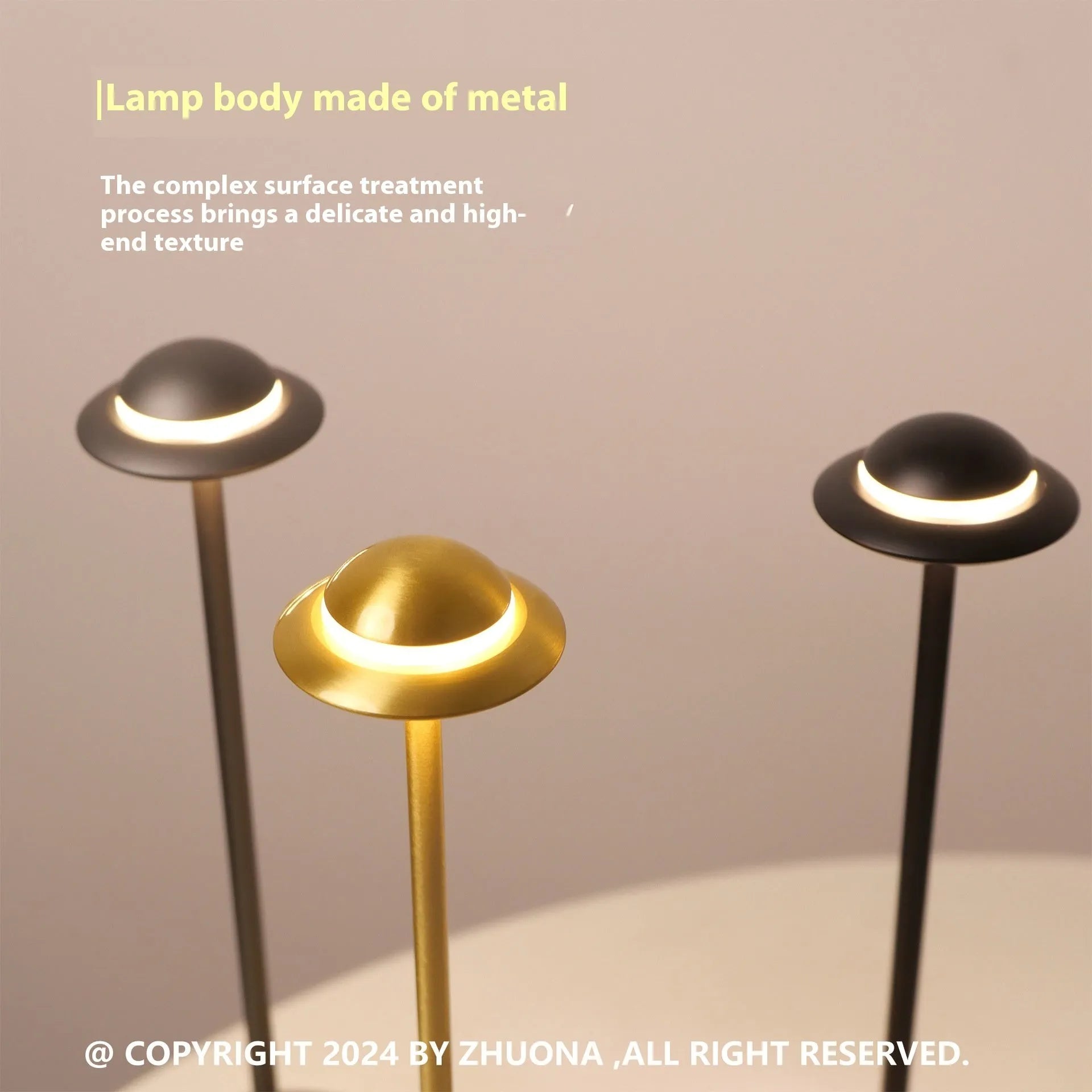 UFO-shaped table lamp with metallic finish and touch controls on desk surface