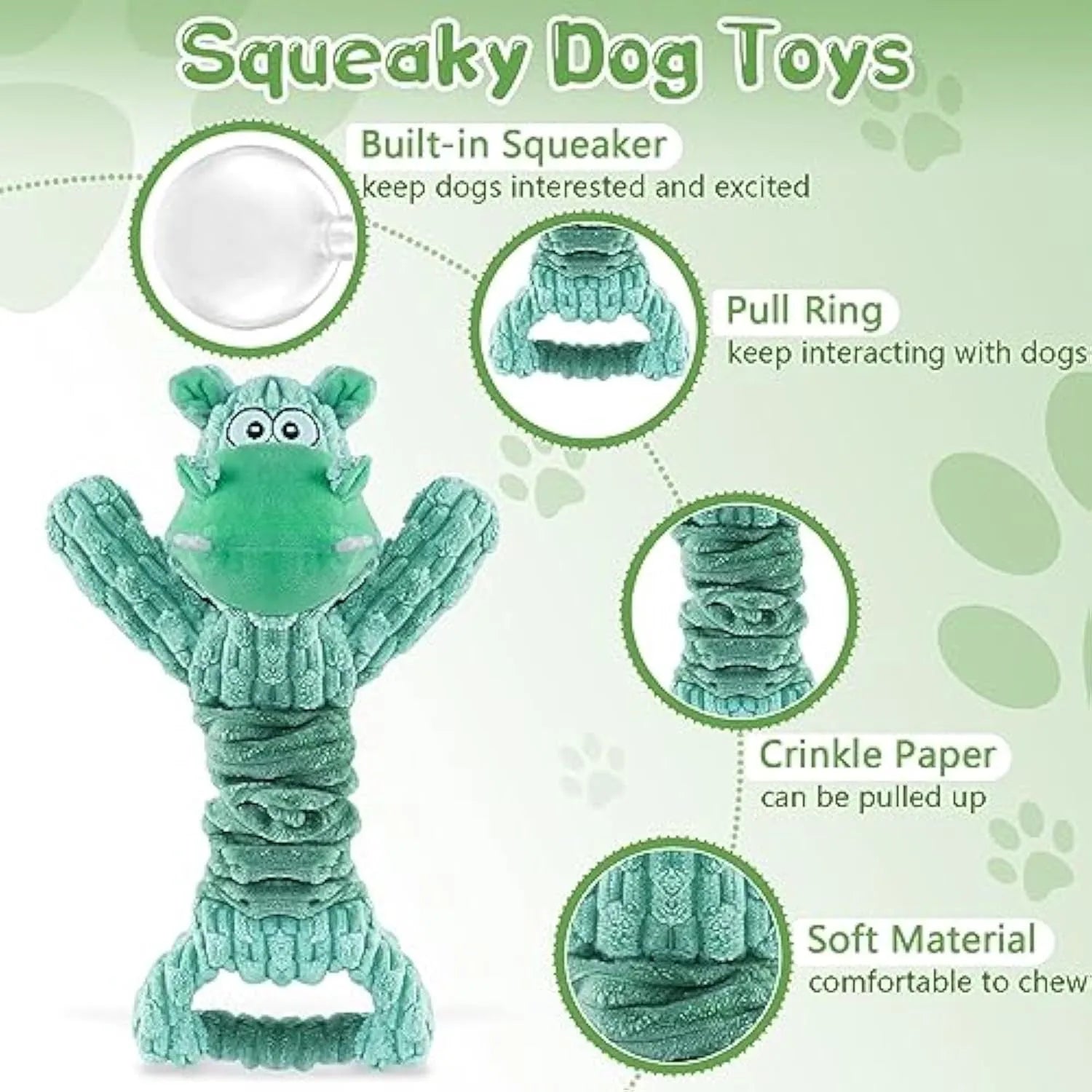 Large plush hippo or monkey dog toy with a handle, for squeaky and tug of war play
