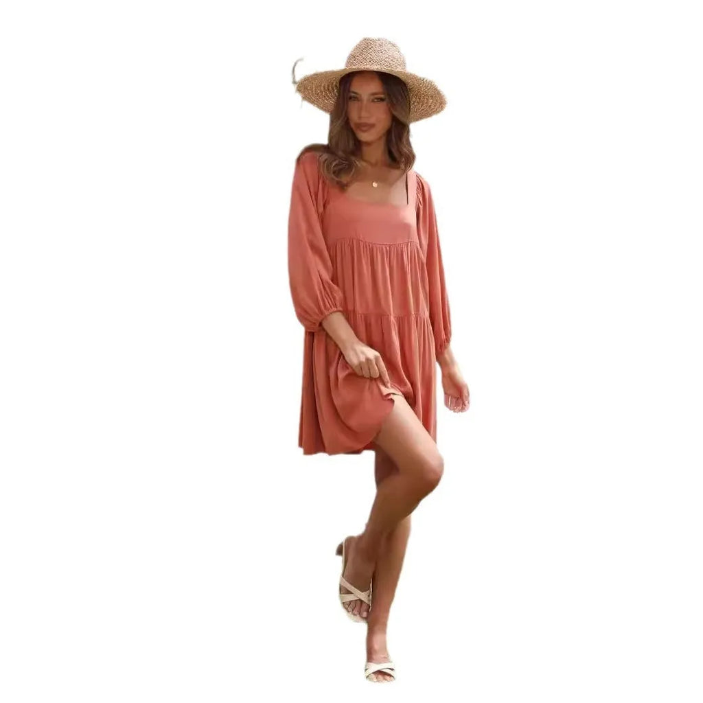 Children's solid colour backless dress with square collar and puff sleeves in A-line silhouette