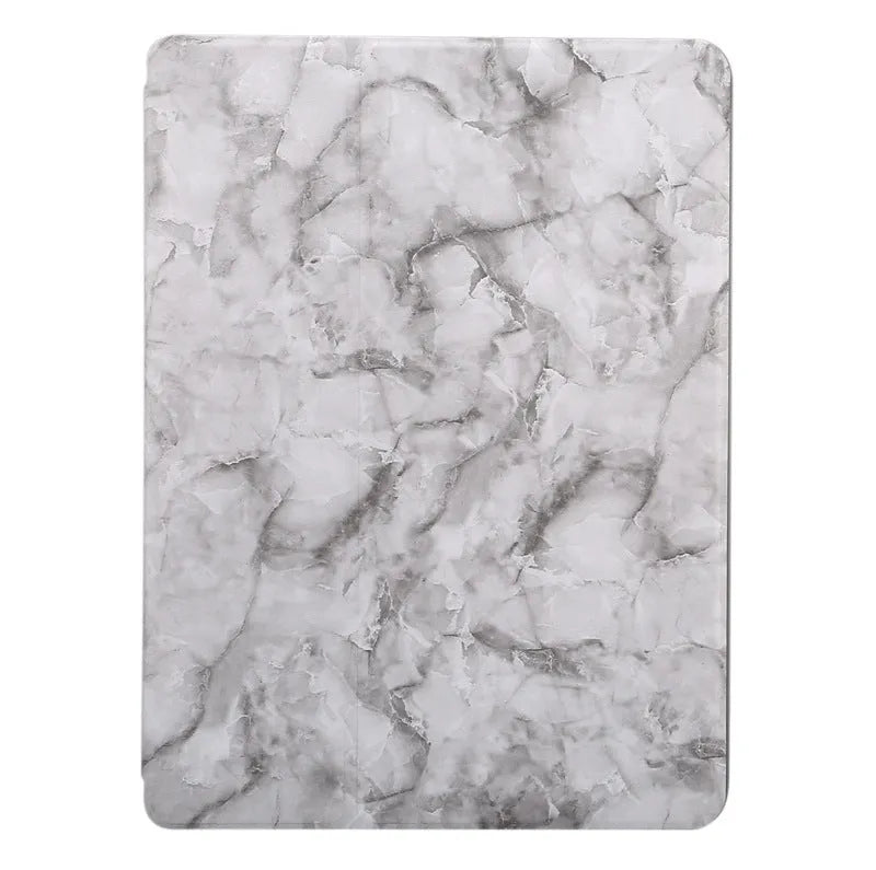 Tri-fold marbling design iPad case with pen slot in dark grey colour showing protective features