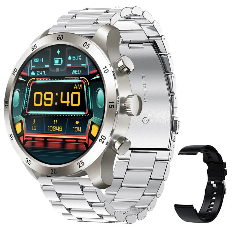 Black smart watch with touch screen display on a steel link bracelet, showing call interface.