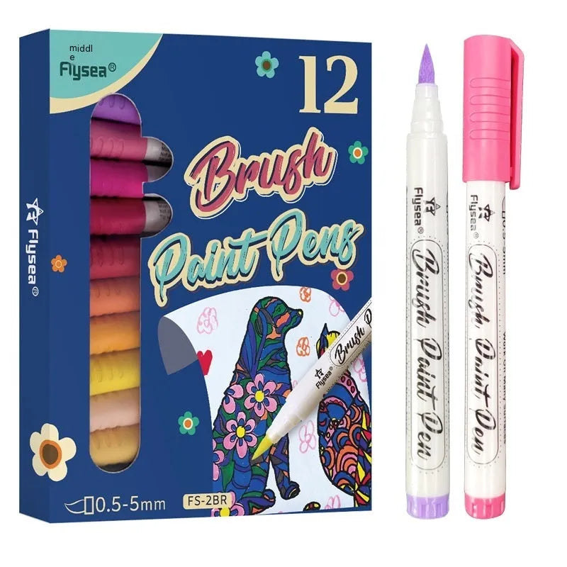 Set of soft tip gouache pens for acrylic painting on paper surfaces