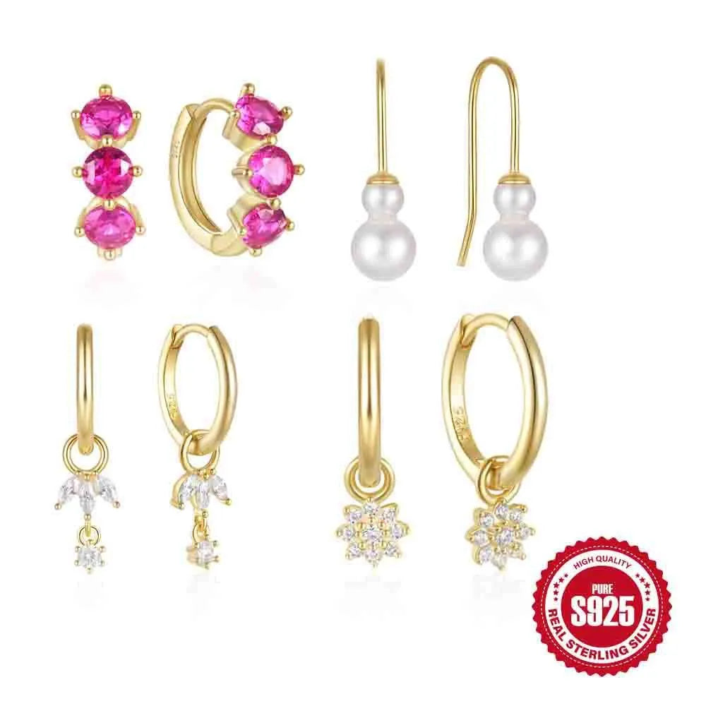 S925 sterling silver earrings with geometric sunflower pattern and golden zircon stones