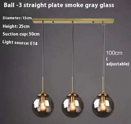 Nordic style modern round glass ball chandelier in clear, amber, smoke grey or platinum glass for living and dining rooms