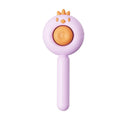 Purple pet grooming brush with stainless steel bristles and a one-button self-cleaning mechanism on a white background.