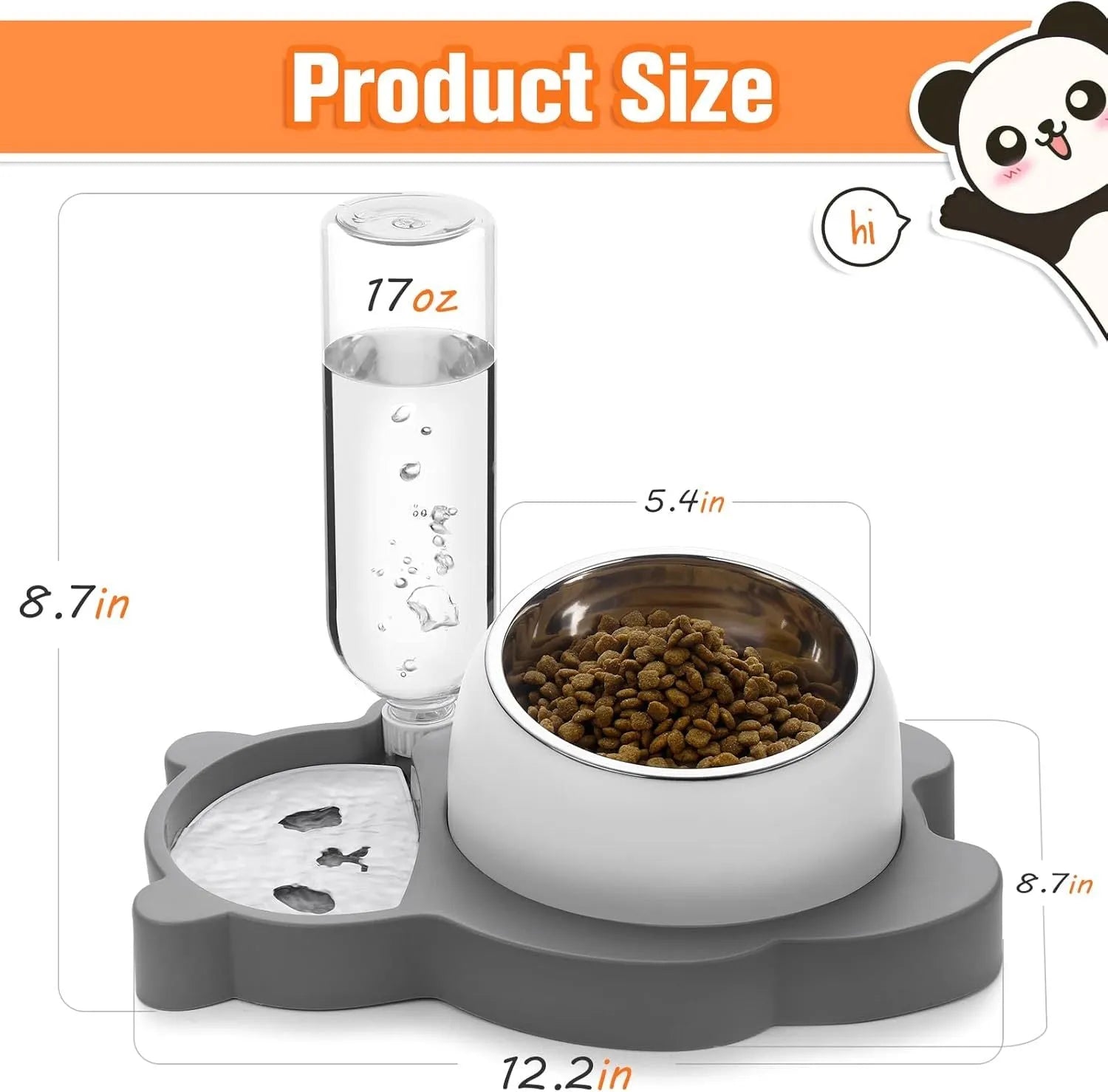 Grey panda-shaped pet feeder with tilted stainless steel bowls and automatic water bottle