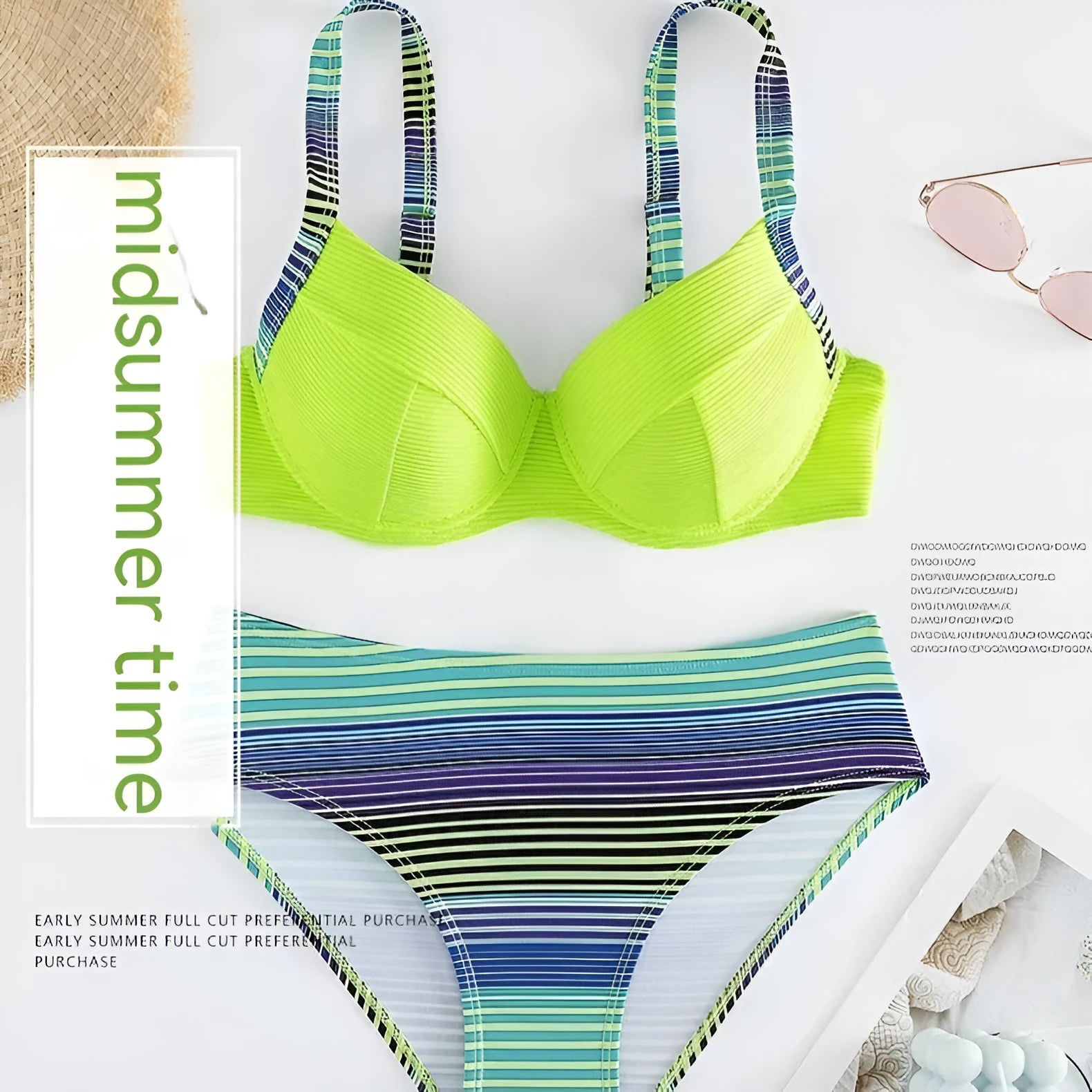 Women's green printed halter bikini with split-side briefs bottoms