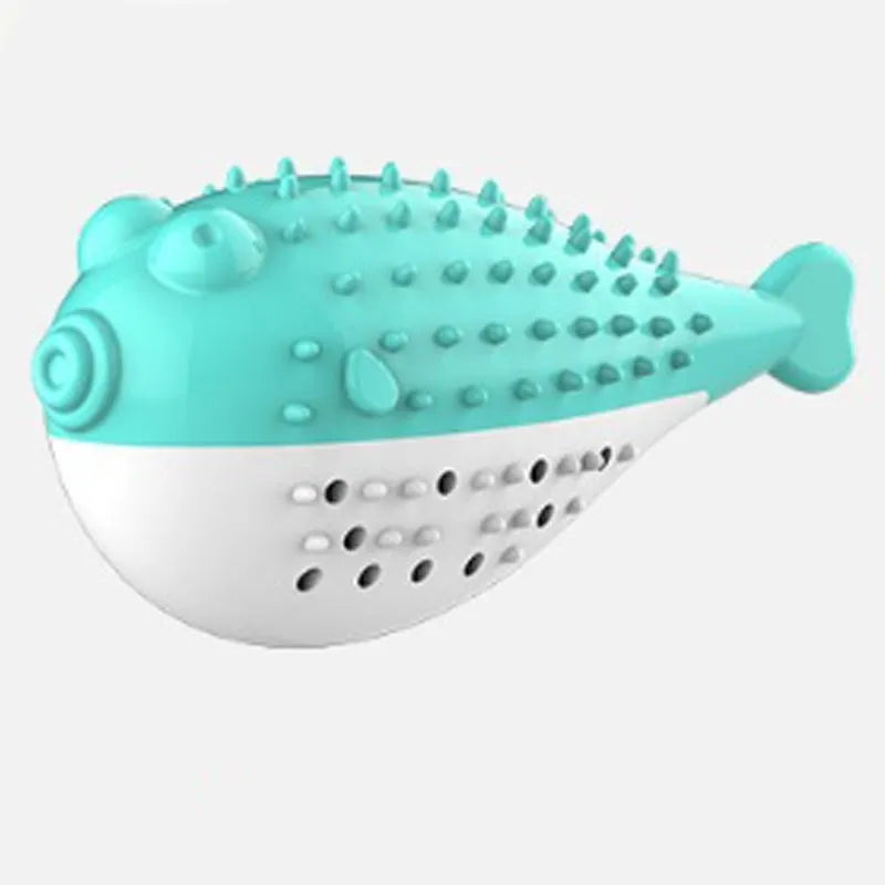 Blue silicone fish-shaped cat chew toy with measurements 12.2 x 4.9 x 5.8 cm