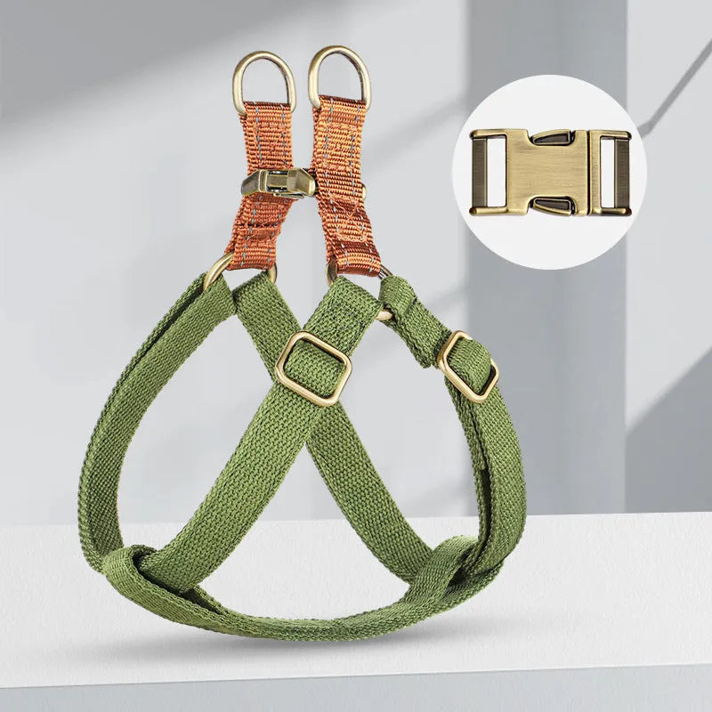 Brown vest style dog leash with cotton belt and alloy fastener on small dog