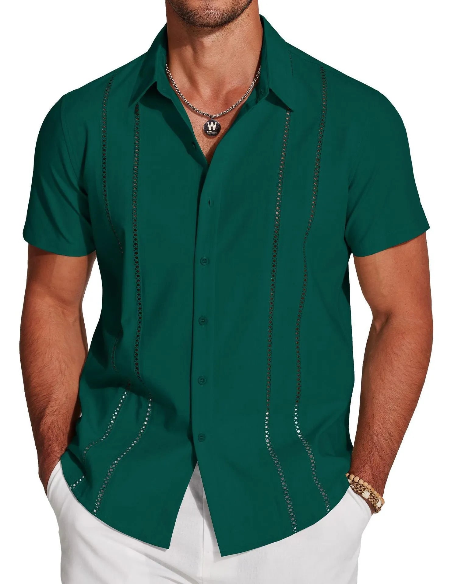 Man wearing a slim fit, short sleeve Hawaiian shirt with a digital print pattern in a casual setting.
