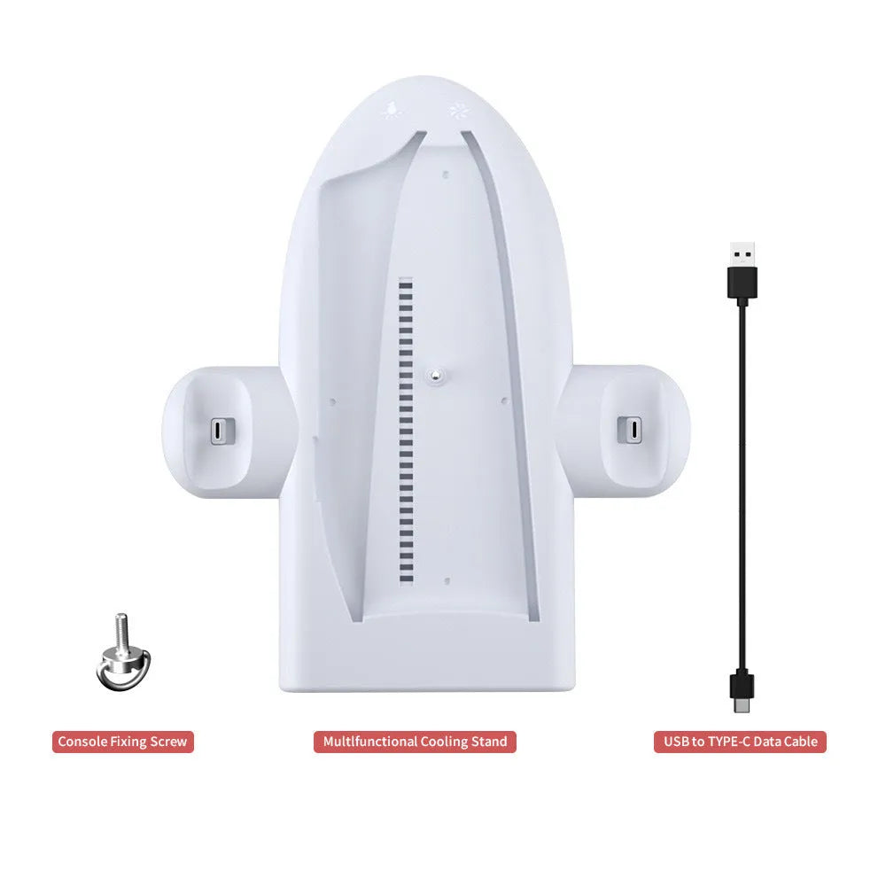 White PS5 Slim multi-function charging base with cooler fan, charging belt, and RGB lights