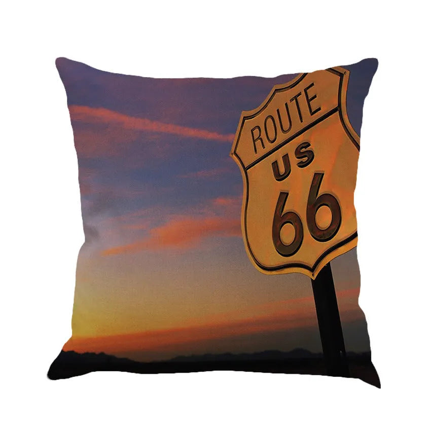 Linen cushion cover with US Route 66 landscape pattern measuring 45x45cm for car and sofa back pillows