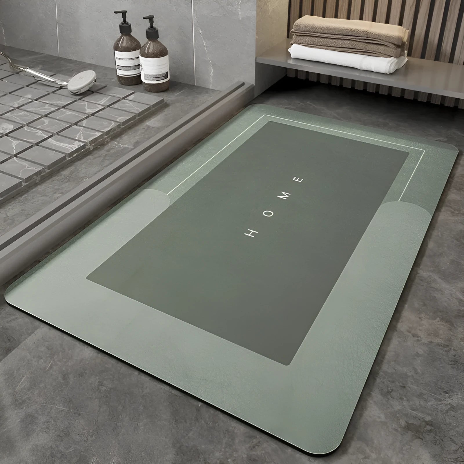 Blended fabric floor mat in an oval shape on a bathroom floor, available in multiple colours and sizes.