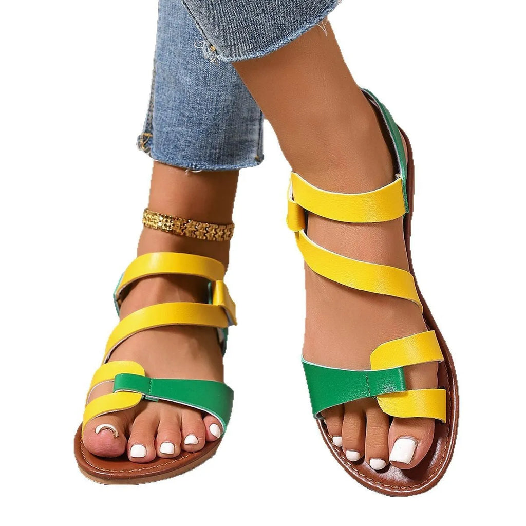 Women's flat sandals with Velcro fastening in colourful, brown and black colour options