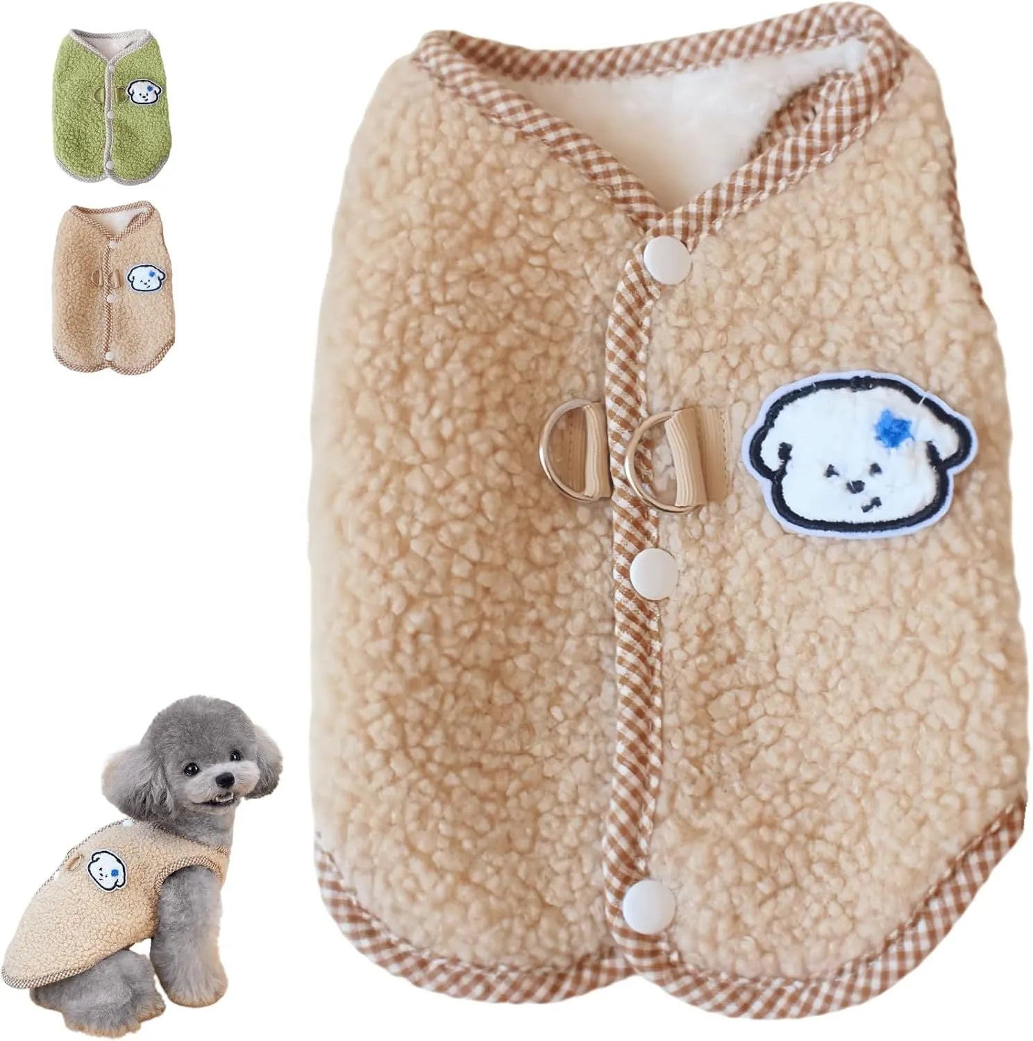Green coral fleece dog sweatshirt vest with a leash ring on a small dog, showing a winter outfit.