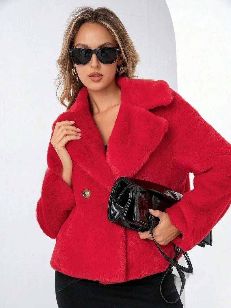 Loose short women's coat in rose red faux fur with regular sleeves on a hanger.