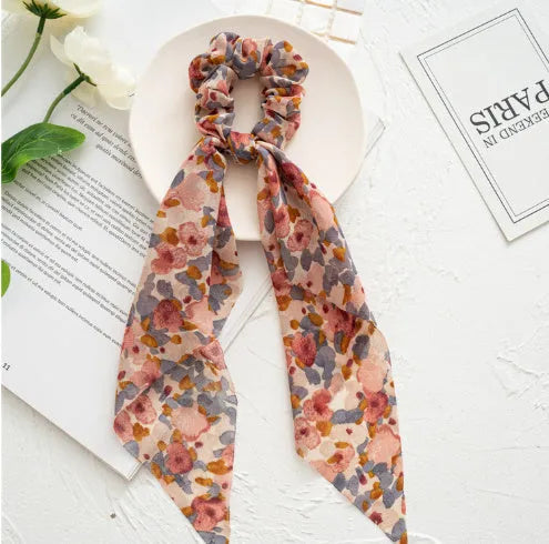 Long cloth ribbon hair tie with large intestine ring design in spring dark green colour