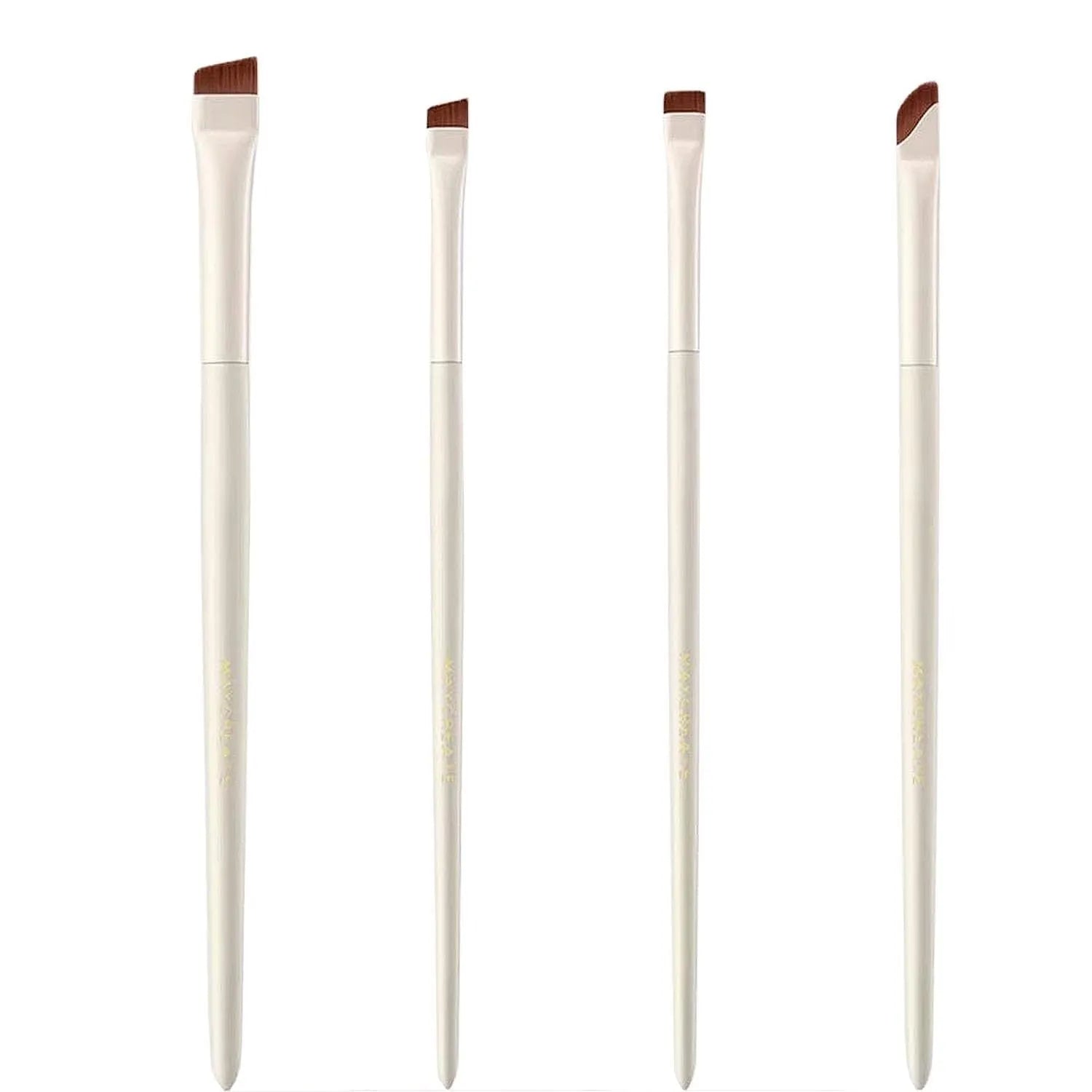 Four angled eyeliner and brow brushes with fine tips in leather case for precise makeup application