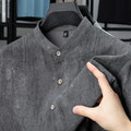 Men's loose fit linen shirt with stand collar in solid grey colour, cardigan style casual top