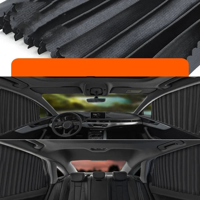 Retractable car sunshade curtain in black colour showing roller shutter mechanism