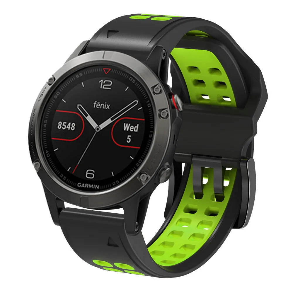 Quick release double-row hole silicone sports watch strap in a two-tone colour on a watch.