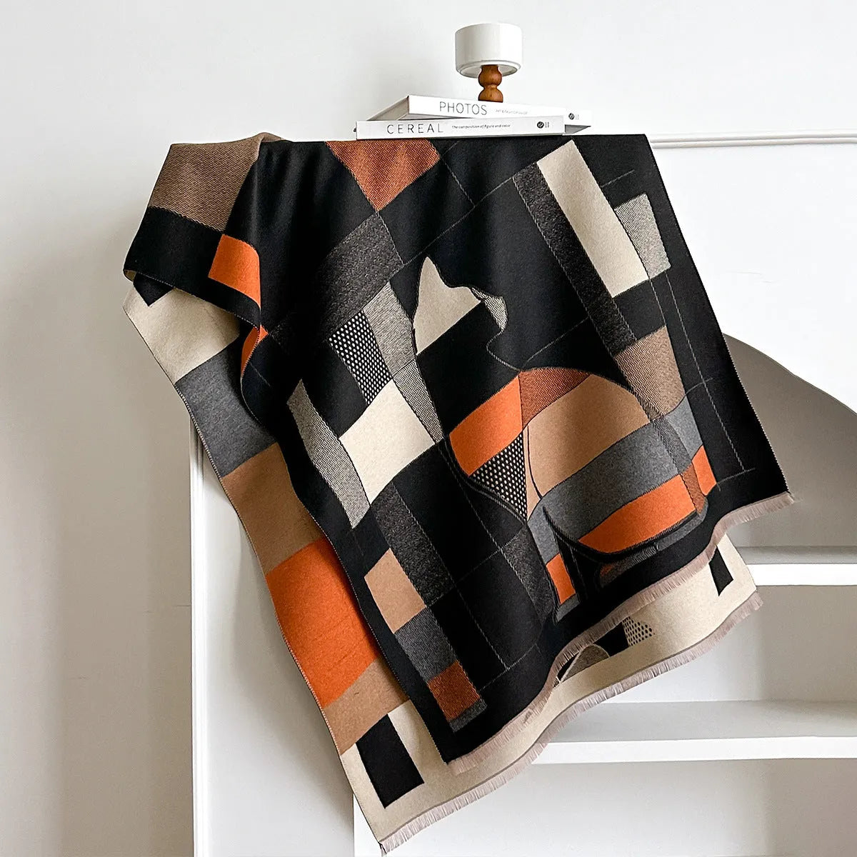 Long beige imitation cashmere scarf draped to show its 185cm length and texture.