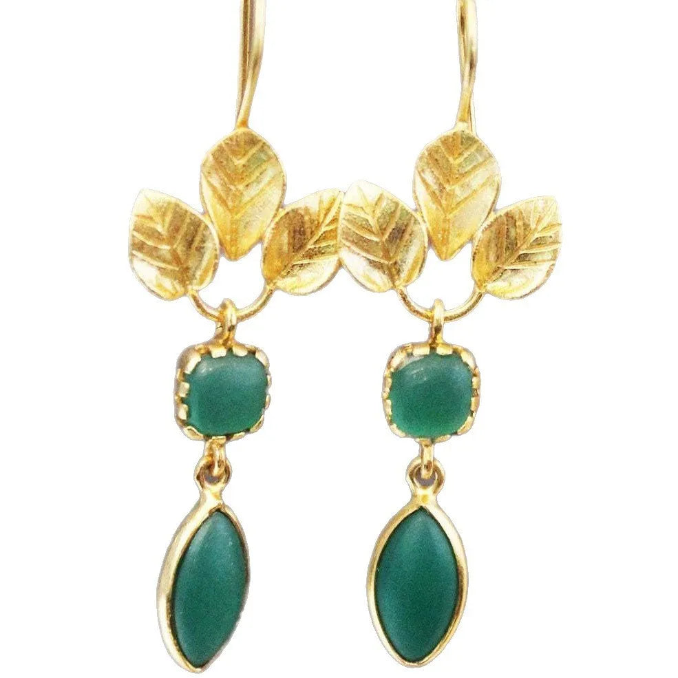 Gold drop earrings with French leaves tassel design and water drop zircon elements