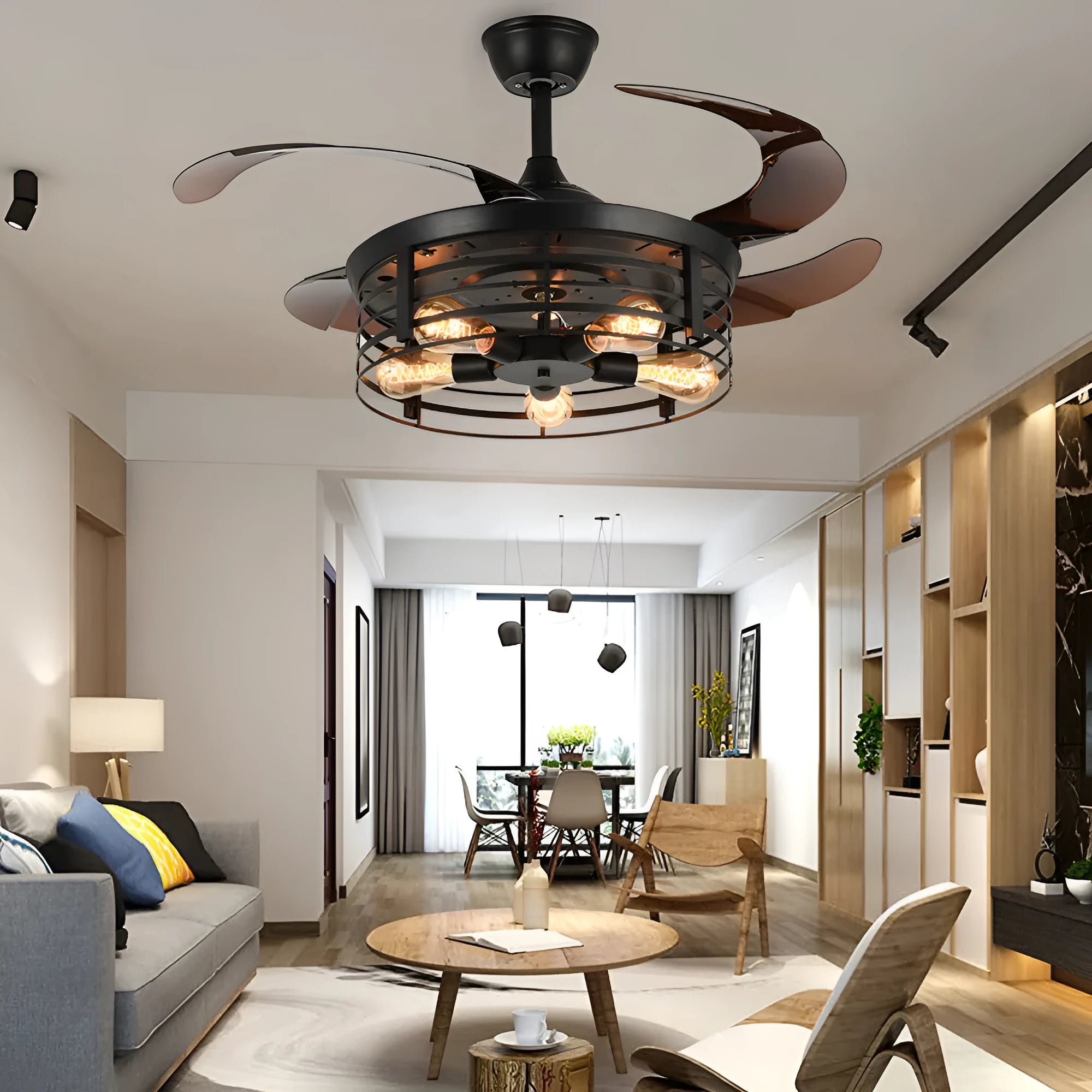 42-inch industrial retro ceiling fan lamp with invisible blades and integrated light fixture