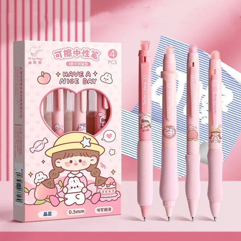Erasable cartoon-themed press gel pen with 0.5mm fine tip in black and crystal blue ink options.