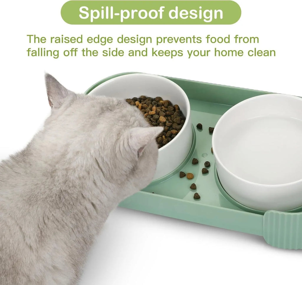 Green ceramic raised cat bowls with 15 degree tilt and non-slip base for spill-proof feeding