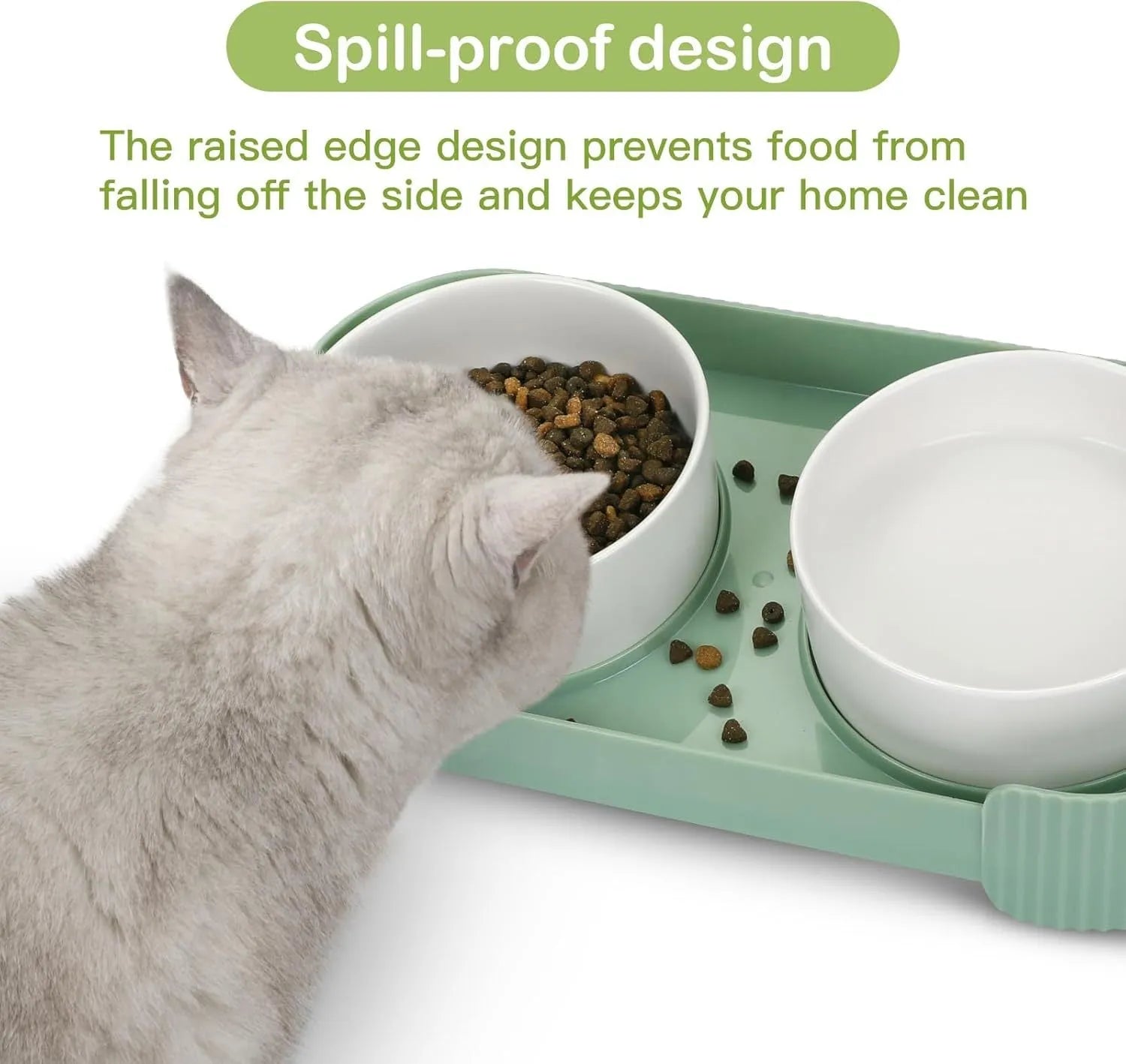 Green ceramic raised cat bowls with 15 degree tilt and non-slip base for spill-proof feeding