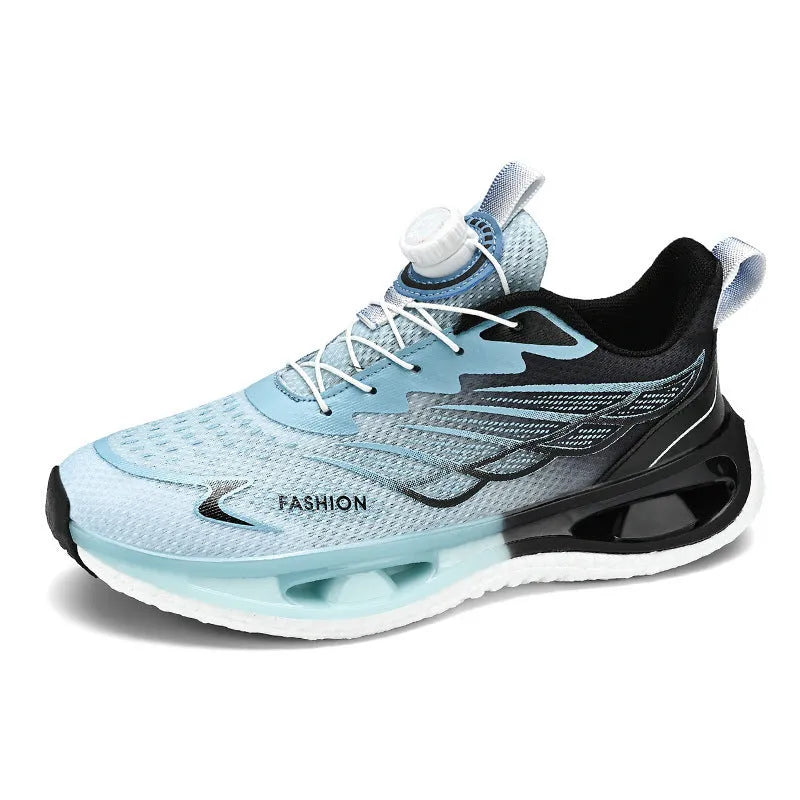 Men's low-top sneakers with a rotating button fastening, shown in light blue mesh and black leather options.