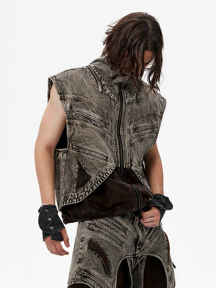 Men's sleeveless denim vest jacket with zipper closure in youth pop style