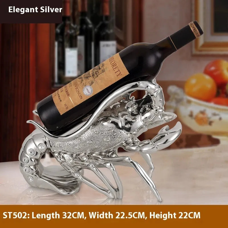 Lobster-shaped decorative wine rack ornament in metallic rose gold holding a wine bottle.