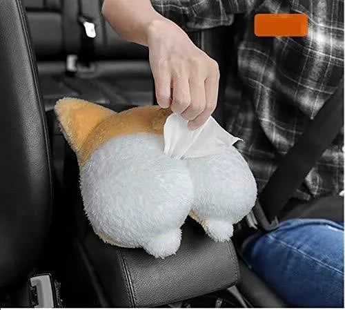 Yellow corgi butt shaped tissue box cover with elastic backing for car sun visor attachment