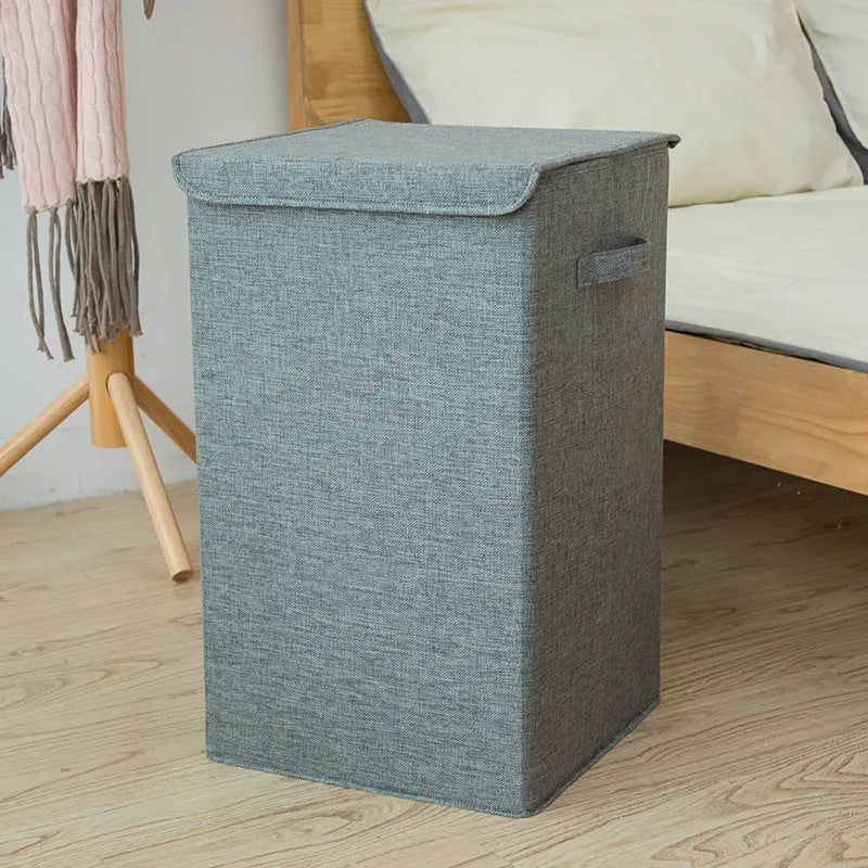 Three-dimensional foldable cotton linen storage basket in grey khaki or brown for clothes and books