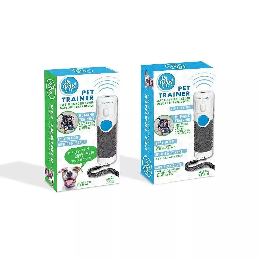 White handheld ultrasonic dog trainer and bark-stop device on a plain background.