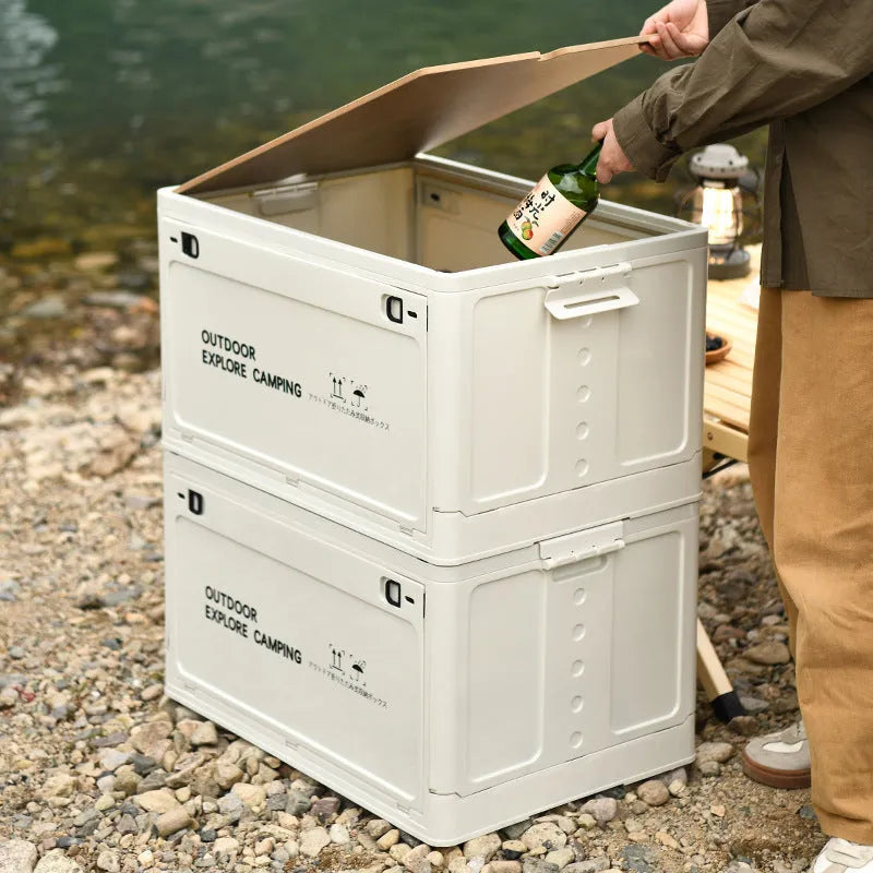 Foldable plastic storage box with wooden lid in nordic green colour