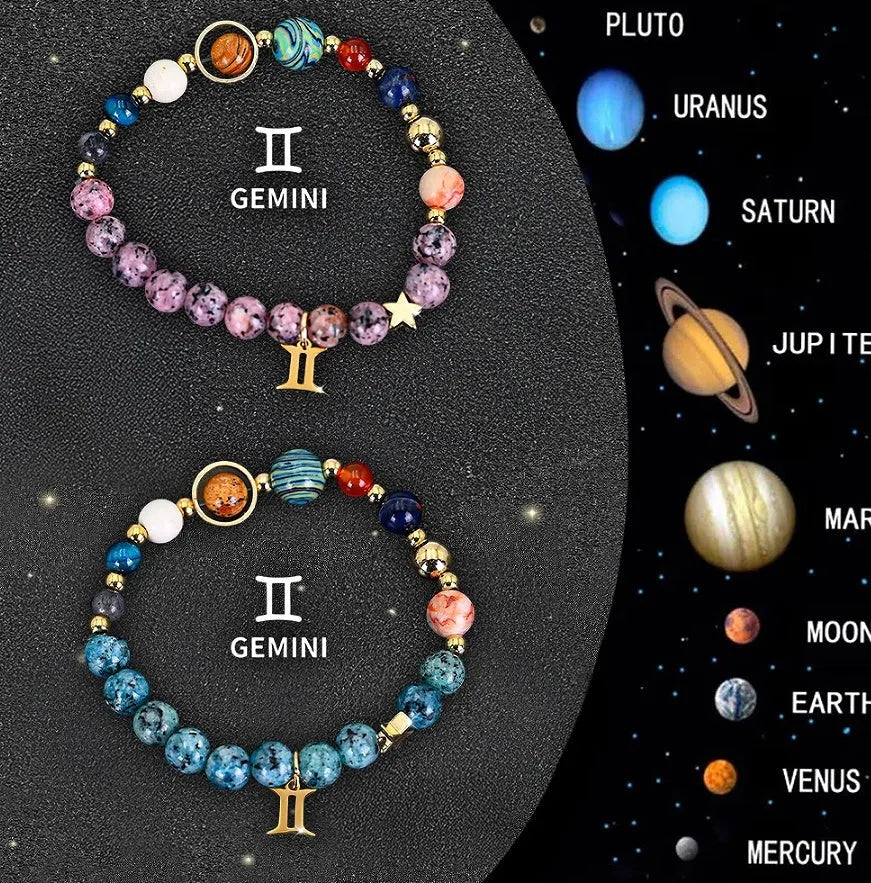 Natural stone zodiac beaded bracelet set showing twelve different sign designs with colourful crystal beads on adjustable cords