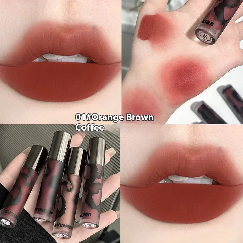 Lava Secret Matte Lip Mud Lipstick in shades orange brown coffee, cool grey, cinnamon coffee, jujube red, and smoked purple.
