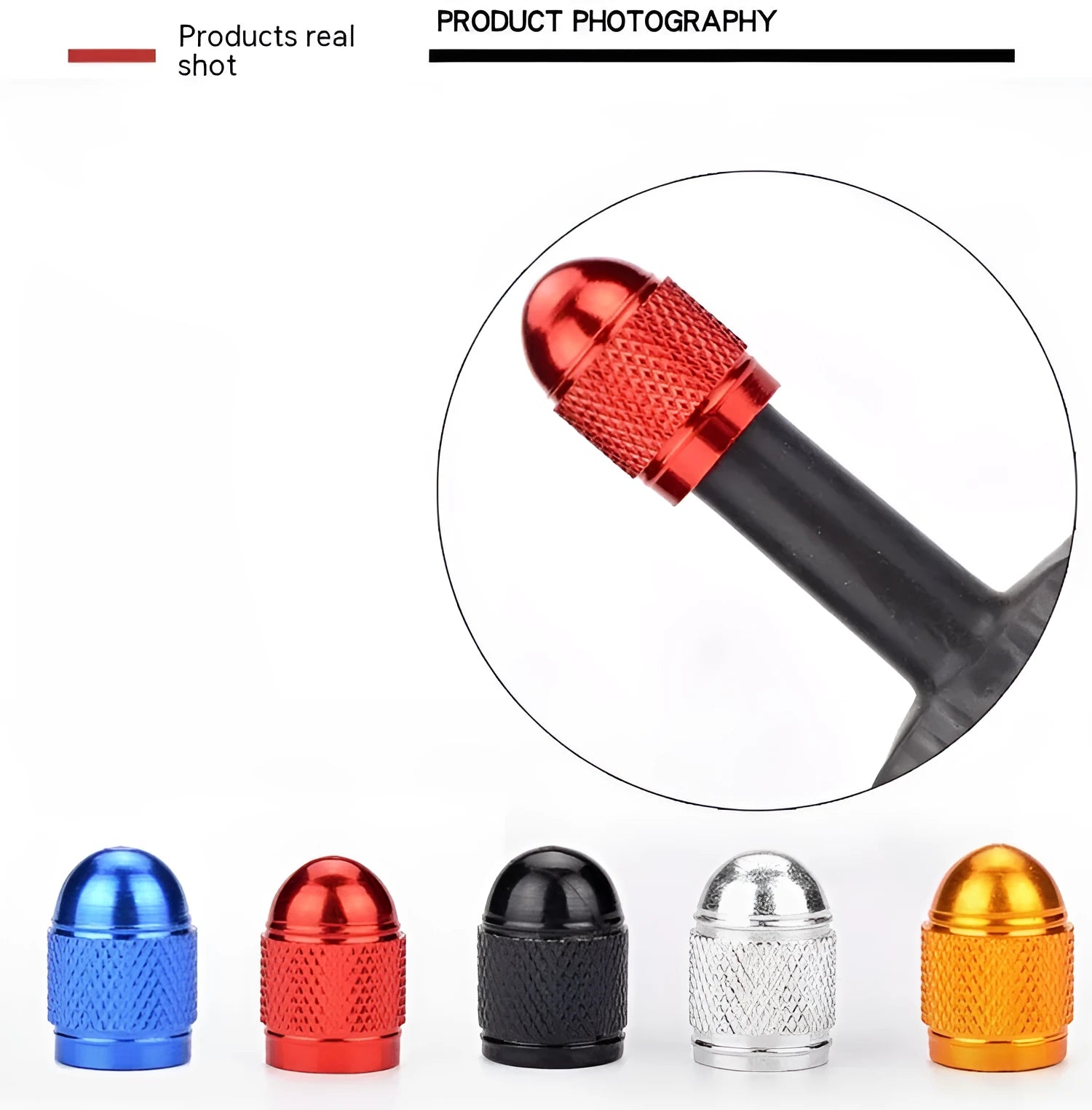 Aluminium alloy mountain bike tyre valve cap shown in five colour options: black, blue, gold, silver, and red