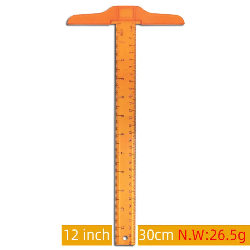 30cm plastic T-square ruler with dual measurement scales in transparent or orange colour