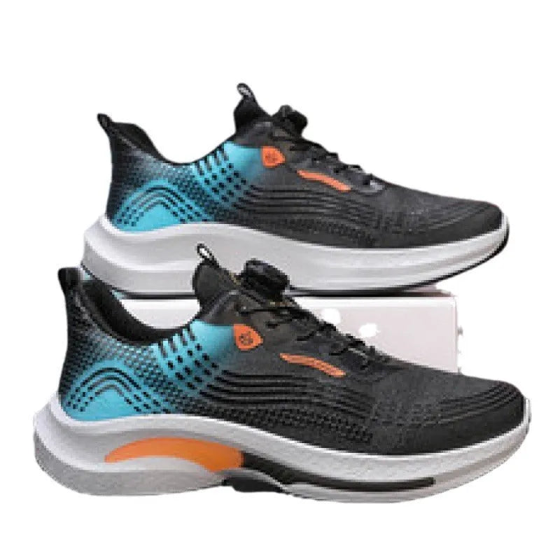 Men's white and blue mesh sneakers with a rotating buckle closure and rubber sole.