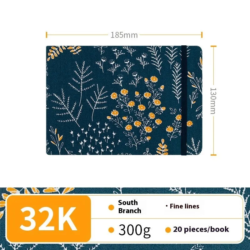 Feiluniao handmade fabric watercolour sketchbook with colourful themed cover, 185mm long.