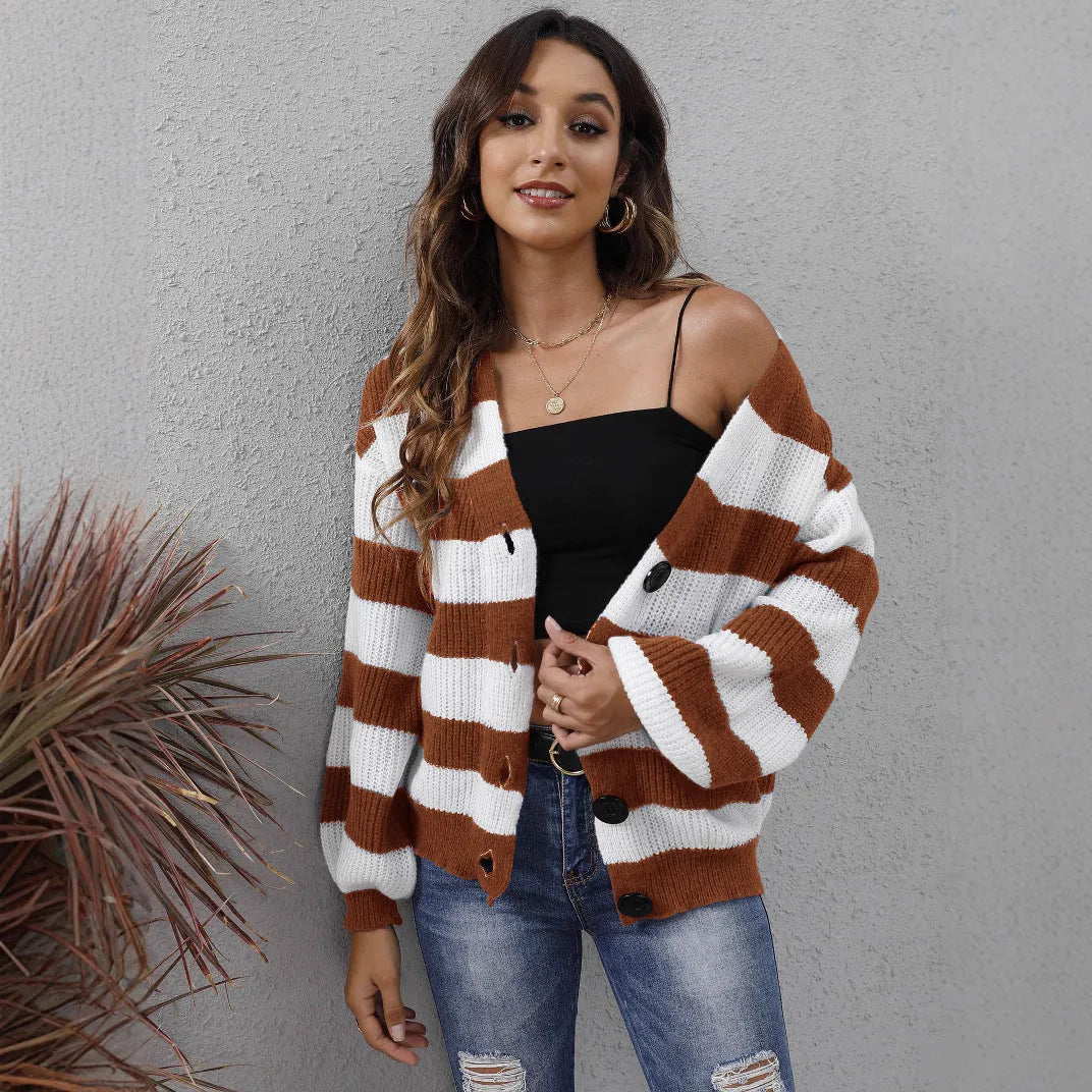 Women's striped cardigan in deer plush fabric with button stitching detail