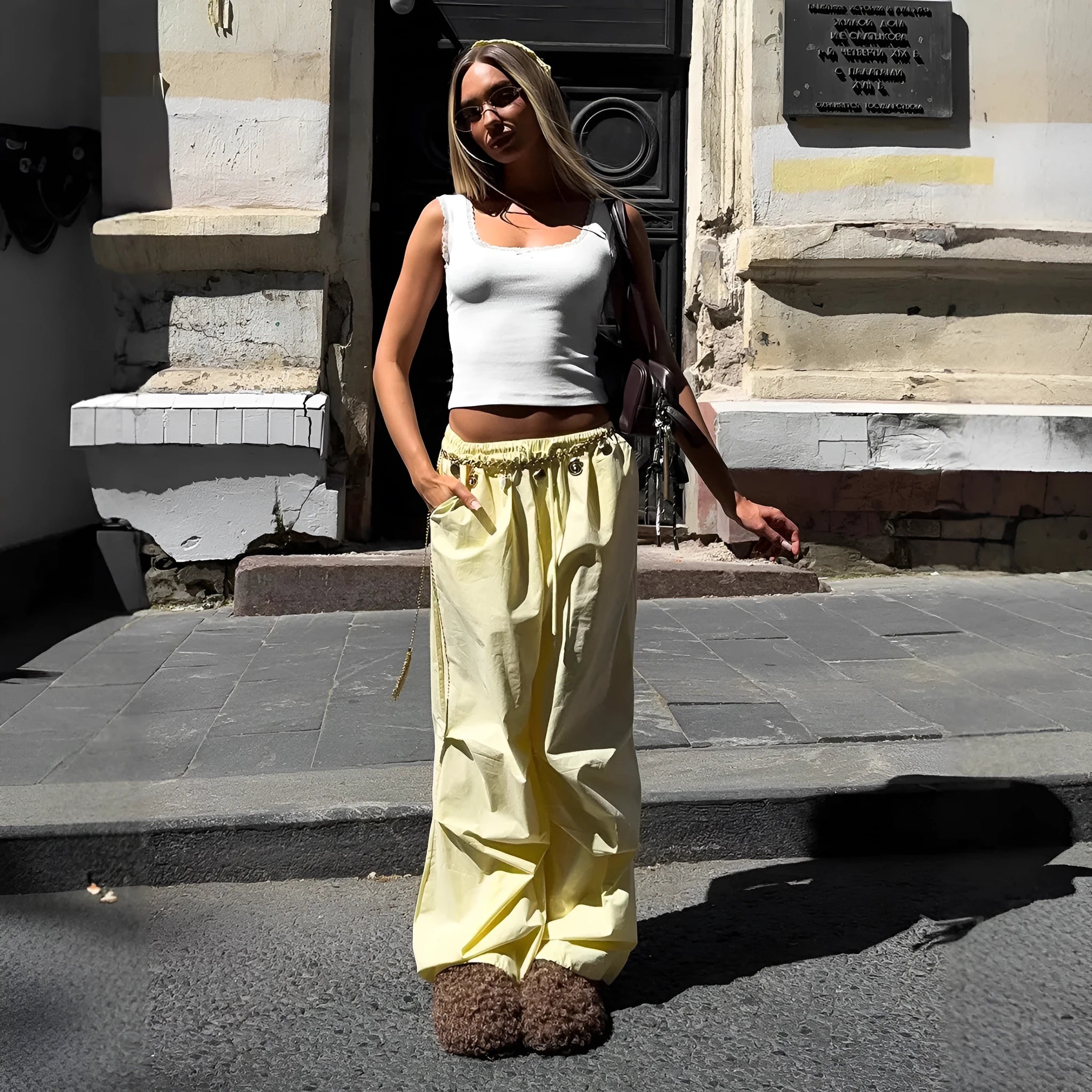 Women's polyester drawstring loose casual trousers in solid yellow colour on model